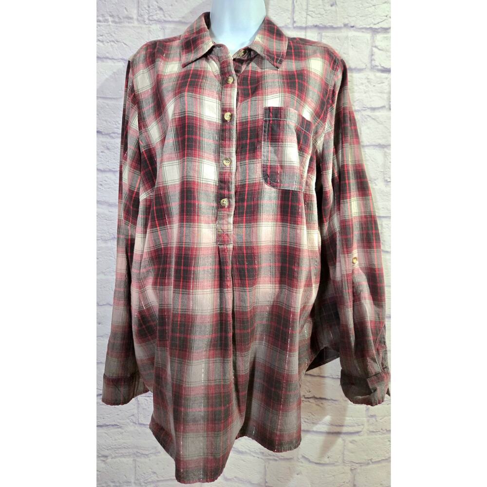 Cato Woman Red Burgundy Plaid Henley Top 18W/20W Plus Lightweight